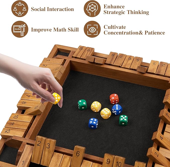 14 inches 1-4 Players Shut The Box Dice Game Upgraded 12 Numbers Wooden Board Table Math Game with 12 Dice Close The Box for Adult Kids, Family Classroom Home or Bar