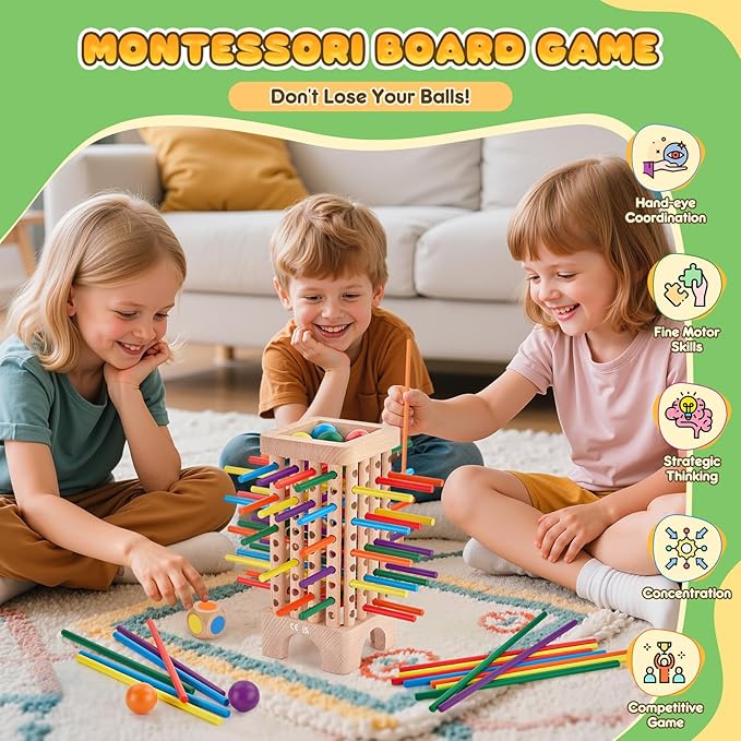 Montessori Game Wooden Board Games, 42 Colorful Sticks Dice Game Math Learning Toys for 3 4 5 6 Year Olds, Builds Fine Motor Skills & Counting, Family Travel Games for 3 Year Olds Gift for Kids