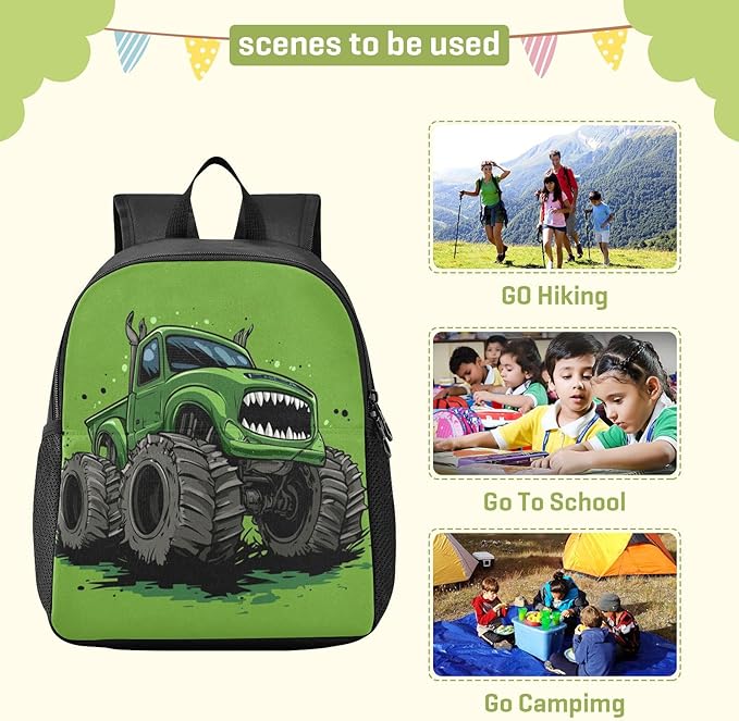 Monster Truck Green Toddler Backpack for Boys Girls 3-6 Bookbag for Preschool Small Kindergarten Elementary Backpackss for Kids for School