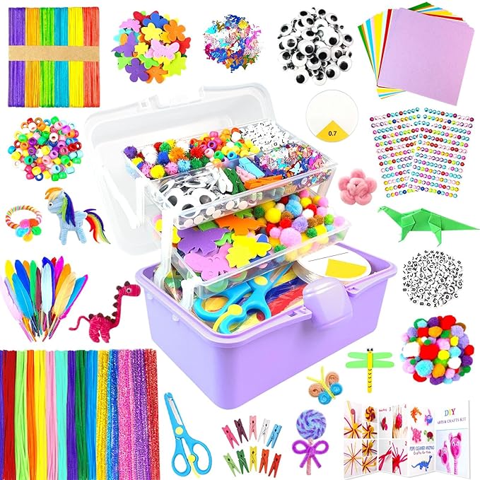 ZEIZHUBN Arts and Crafts Supplies for Kids Crafts Kit with Pipe Cleaners DIY Crafts for Kids Art School Supplies Materials All in Crafting Box Craft Supply Set Gifts for Kid Girls Boys Age 4-8, 8-12