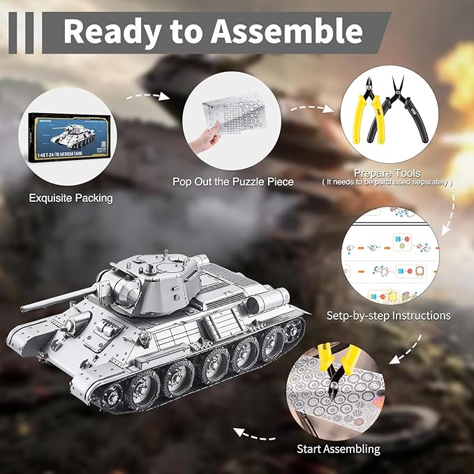 Piececool 3D Puzzles for Adults, Soviet T34 Tank Model Building Kits (1:48 Scale), Metal Kit to Build, Challenging Brain Teaser Puzzle DIY Arts and Craft Kits, Best Gifts