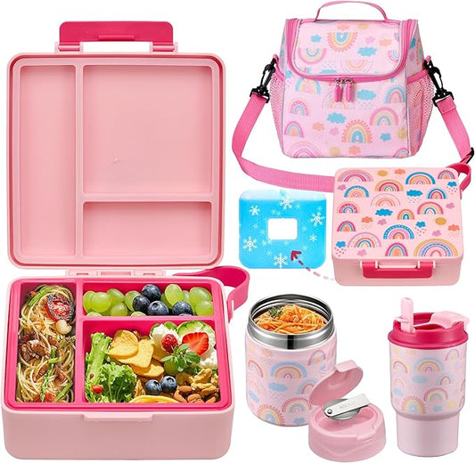 Bento Lunch Box for Kids with 17oz Soup Thermo,Insulated Tumbler Water Bottle and Insulated Lunch Bag,Leak-Proof 3 Compartment Lunch Food Container with with Ice Pack for Kids to School-Rainbow