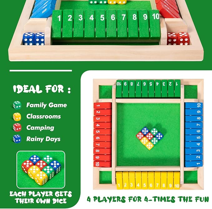 Shut The Box Dice Game,8 Dice 4 Players Wooden Board Table Math Skills Game with Drop it Game Instructions for Kids Adults Easy to Learn, Family and Friends Party (8 Inches Colorful)