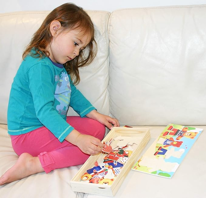 TOWO Wooden Bear Family Dress up Puzzle Box - Sorting and Matching Jigsaw Puzzle - Wooden Sorting Toys for 3 Year Old - Wooden Puzzles for 3 Years Old Girls