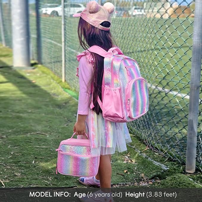 mibasies Girls Backpack 5-8: Glitter Kids Backpacks for Girls - Girl Bookbag for Elementary School - Rainbow Pink