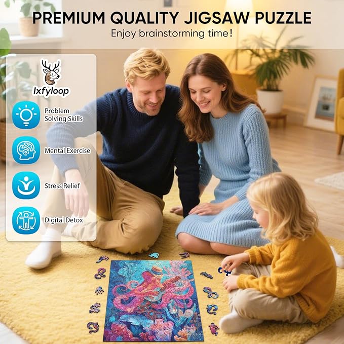 Wooden Puzzles for Adults, Octopus Guitar Jigsaw Puzzles, 200 Pieces Unique Design Adult Puzzles, Family Brain Game Gift, 9.4x12.5 inch