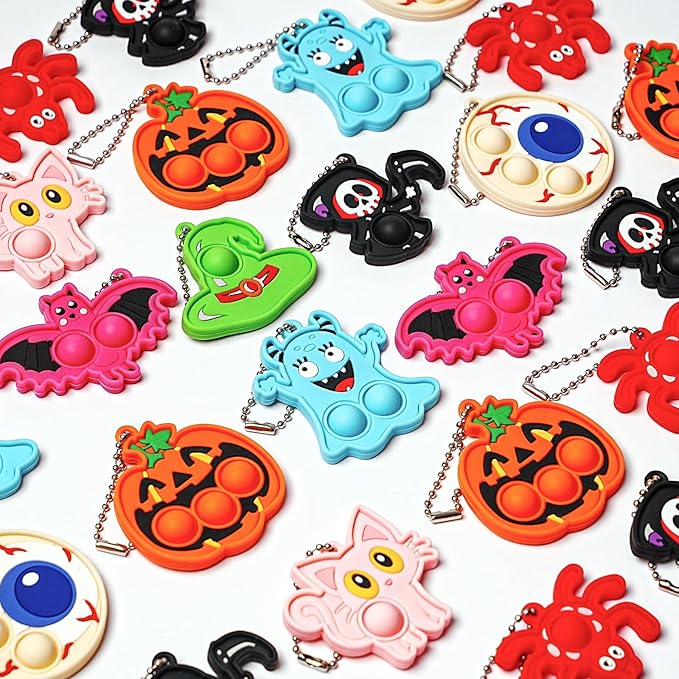 72Pcs Halloween Party Favors, Fidget Toys Bulk Mini Pop Bubbles with Keychain, School Classroom Prizes Box Fidgets Toys for Kids Toddlers Adult, Goodie Bag Stuffers, Treasure Chest box, Halloween Toys