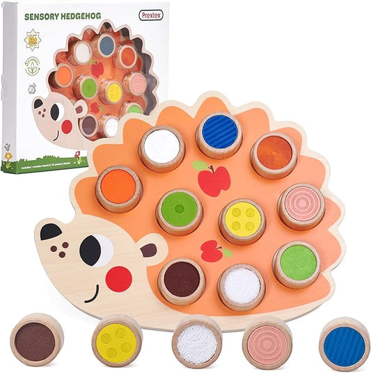 PREXTEX Sensory Hedgehog Toys for Toddlers - Montessori Color Sorting Toys - Includes 1 Wooden Board and 10 Colored Sensory Blocks - for Ages 12 Months and Up - Educational Toy - 1.5x12.9x10.7 in