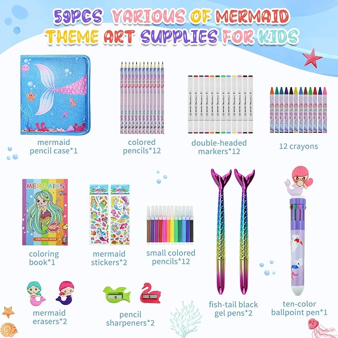 JAMIEWIN Markers Set with Glitter Mermaid Pencil Case, 59 Pcs Art and Craft Supplies Kit for Kids, Mermaid Gifts for Girls 4-9 Year Old for Christmas Birthday