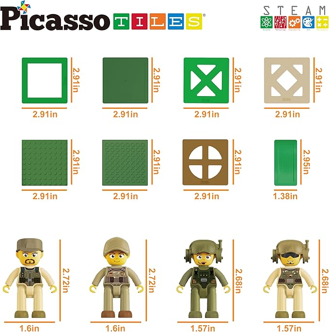 PicassoTiles Magnet Tile Building Brick Blocks Military Combat Force Theme Magnetic Tiles Construction Block Playset 4 Character Action Figures with Weapons Interlocking Bricks STEM Toy Ages 3+ PTL18