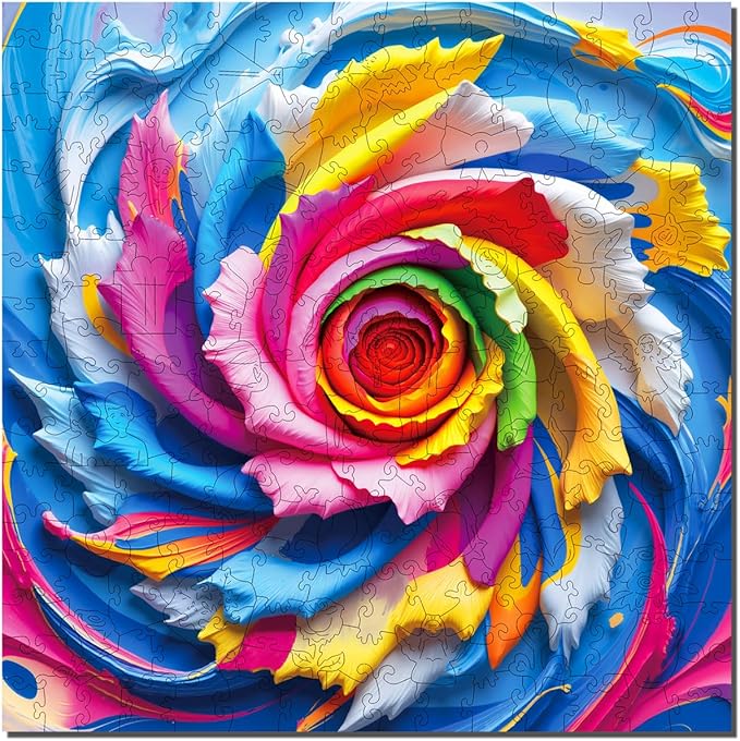 Wooden Puzzles for Adults 300Pieces, Rainbow Swirl Rose Wooden Jigsaw Puzzles, Stress Relief Puzzle Gifts, Unique Shaped Brain Teaser, Wall Art Home Decor, Challenging Family Games 15.2"x15.2"