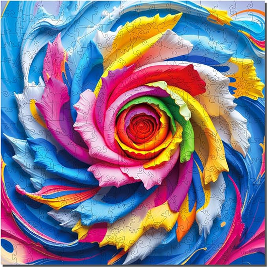 Wooden Puzzles for Adults 200 Pieces, Rainbow Swirl Rose Wooden Jigsaw Puzzles, Stress Relief Puzzle Gifts, Unique Shaped Brain Teaser, Wall Art Home Decor, Challenging Family Games 11.2"x11.2"