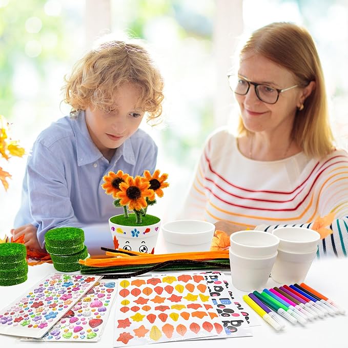 24 Set Garden Pot Craft Kit DIY Sunflower Plant Crafts Pot with Pipe Cleaners Stickers Fall Craft Kit for Fall Thanksgiving Autumn Harvest Classroom Creative DIY Art Project Bulk Painting (Flower)