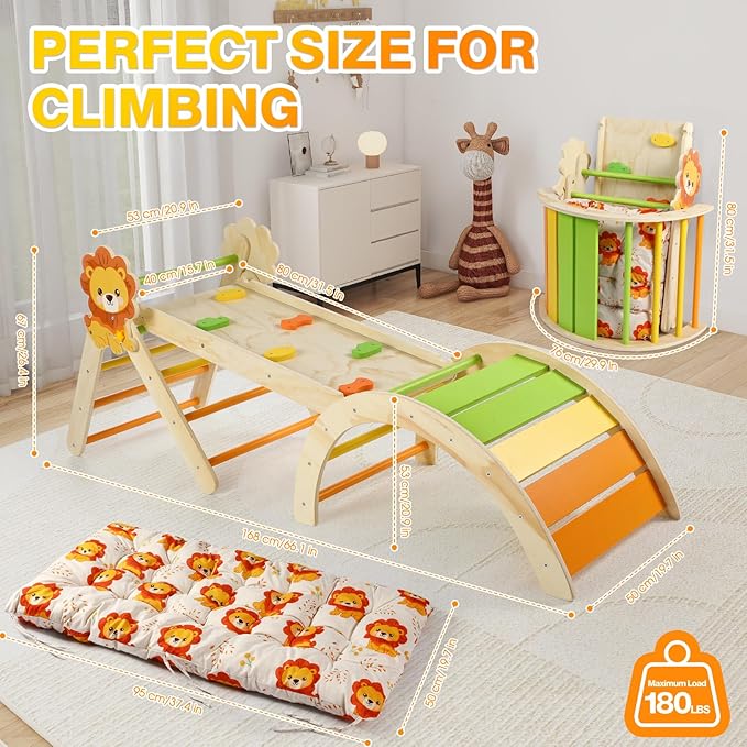 Pikler Triangle Set with Cushion, 7 in 1 Toddler Climbing Toys Indoor, Montessori Foldable Climbing Set, Wooden Climbing Toys for Toddlers 1-3 Inside with Ramp, Arch and Ladder (Lion)