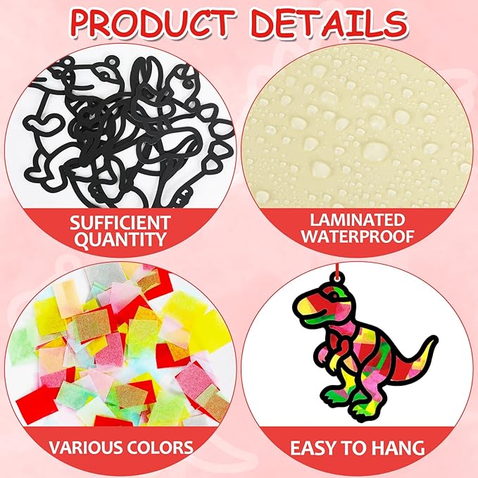 Qyeahkj 36 Set Dinosaur Suncatchers Crafts for Kids DIY Dinosaur Tissue Paper Crafts Window Stained Glass Effect Dino Hanging Decor School Home Creative Activity Art Projects Birthday Party Favor Gift