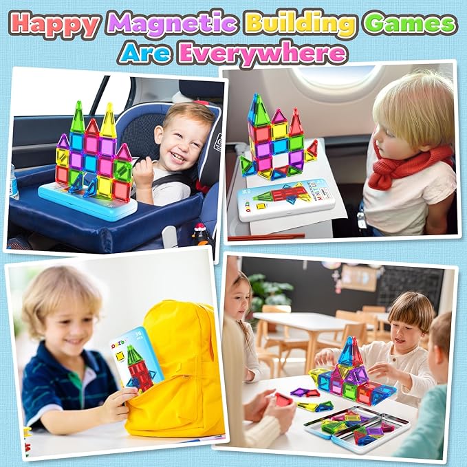 Magnetic Tiles Mini Travel Toddler Set, Magnetic Blocks Building Kids Toys & Games, Montessori Preschool Classroom Must Haves Educational Learning Sensory Toys for 3+ Year Old Boys Girls Birthday Gift