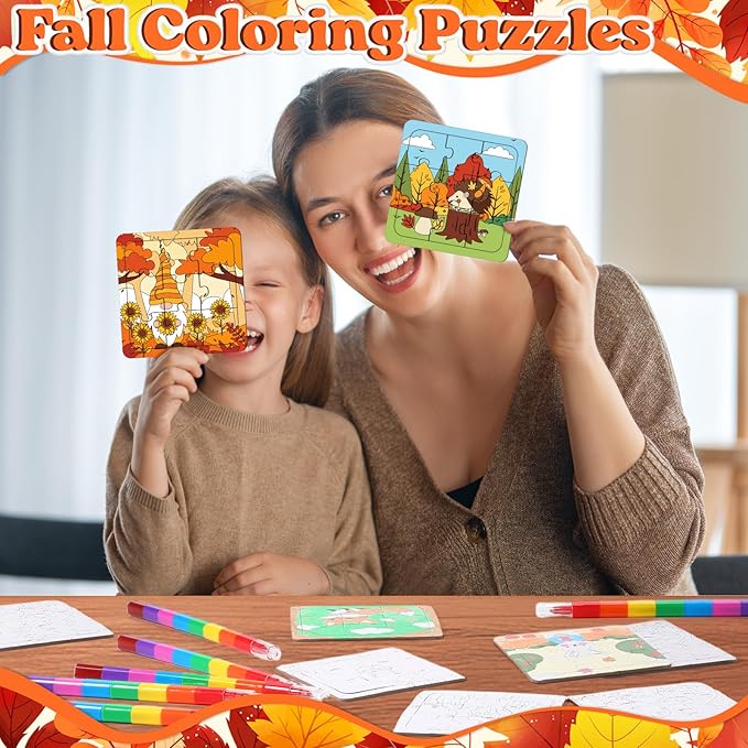 12 Sets Fall Puzzles Color Your Own Puzzles DIY Jigsaw Crafts with 12 Stackable Crayons and 12 Bags for Learning Education Toys Gifts Prizes Birthday Party Supplies(12, Fall)