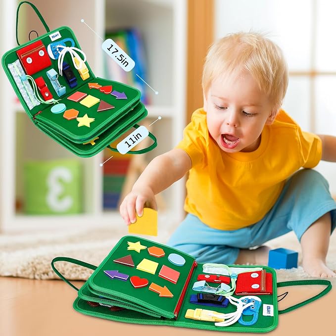 Esjay Toddler Busy Board Montessori Toys for Boys and Girls, Sensory Board Educational Activities for Learning Fine Motor Skills, Birthday Gifts Toddlers, Travel Toys for Airplane Car, Green Dinosaur