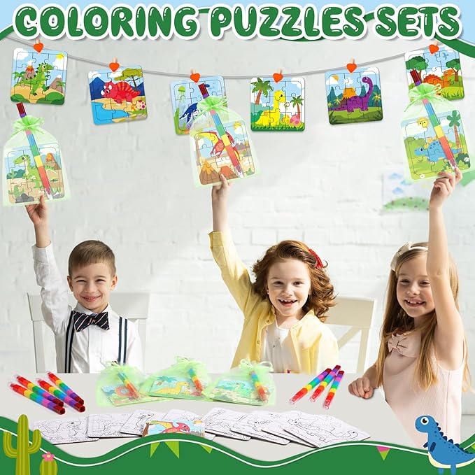 12 Sets Dinosaur Puzzles for Dinosaur Theme Color Your Own Puzzles DIY Dino Jigsaw Crafts with 12 Stackable Crayons and 12 Bags for Tropical Jungle Gifts Birthday Party Supplies Favors