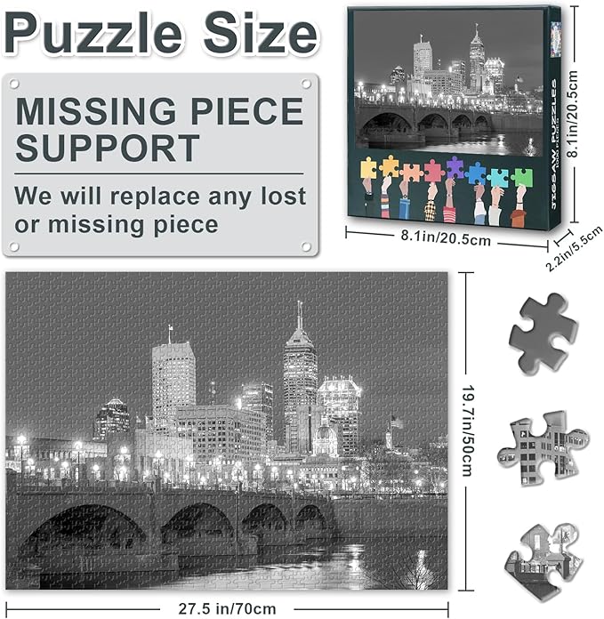 1000 Piece Puzzle for Adults Indianapolis City Skyline Night, Jigsaw Puzzles 1000 Pieces Challenge Cityscape Theme, 27.5x19.7 Inch Family Puzzle Game Night Gift (Black and White Series)