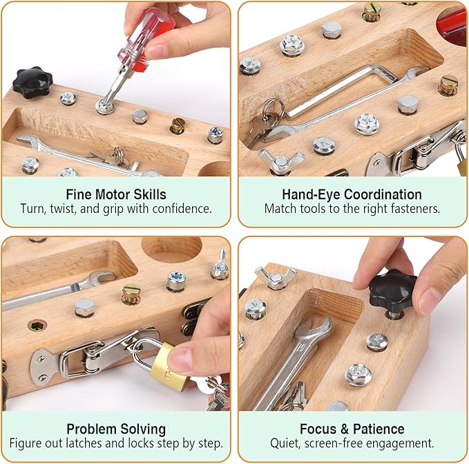 Screwdriver Board Set - Montessori Toys for 3 4 5 Year Old with Lock and Key, Wooden Sensory Toddler Screwd Tool Set
