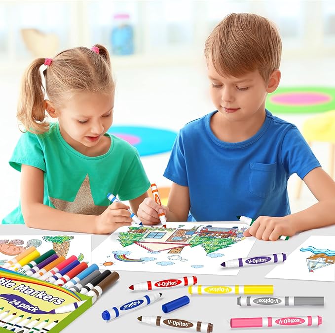V-Opitos 24 Colors Washable Markers for Kids, Colored Broad Tip Markers Set for Coloring Book, Ideal School Classroom Supplies
