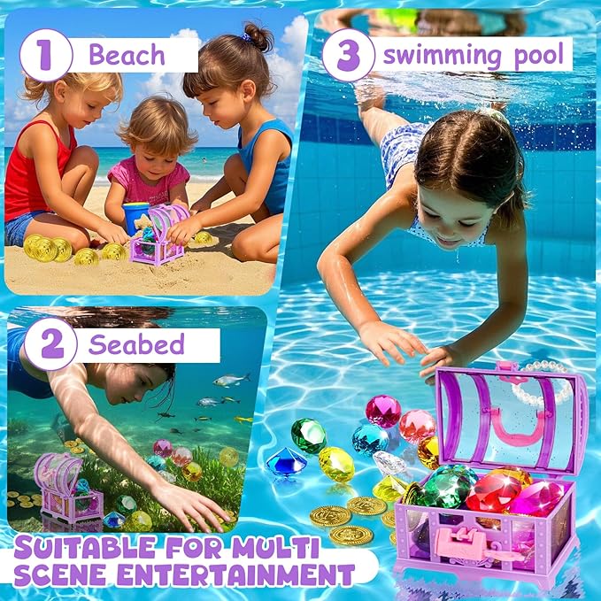 Diving Gem Pool Toys Colourful Big Diamonds and Gold Coins with Pirate Treasure Chest Throwing Toys Water Toys Underwater Gems Swimming Training Gift for Kids Birthday Party Favor