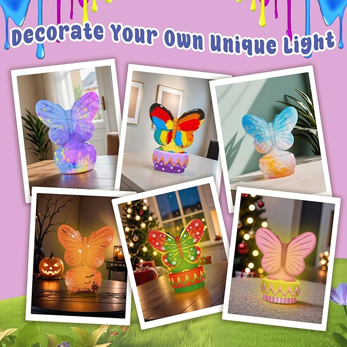ASIOWELY Paint Your Own Butterfly Lamp Kits,Arts and Crafts Supplies for Kids Toys Ages 4-6-8-12,DIY Art Night Light Painting for Girls Ages 5-10,Birthday Gifts for 3-12+ Year Old Toddler Teens Adults