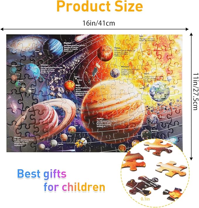 Solar System Space Kids Jigsaw Puzzles - 100 Piece Science Educational Toys for Ages 4-8 Boys & Girls - 8 Planets