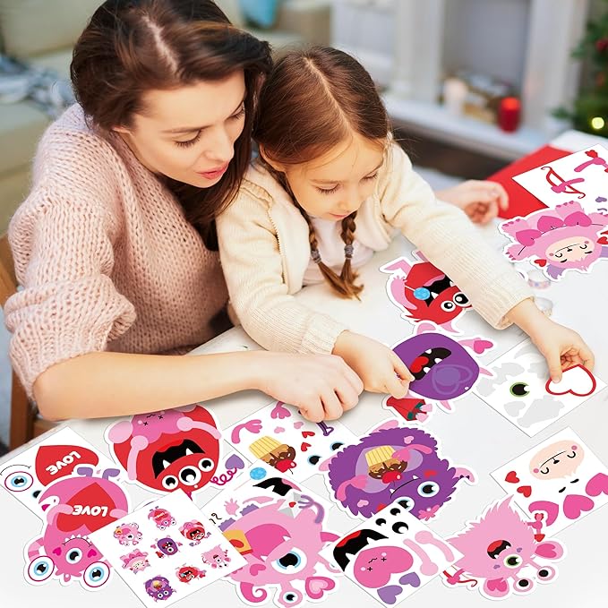 ANGOLIO 123Pcs Valentine's Day Monster DIY Craft for Kids, Make Your Own Monster Ornament Bulk Valentine's Day DIY Paper Craft Decorative Kit for Classroom Activities Gift Exchange