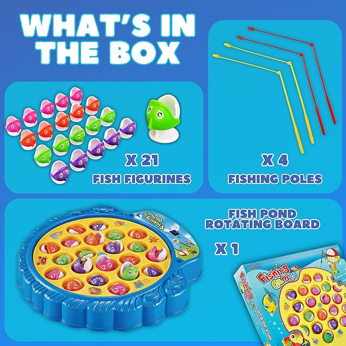 Haktoys Fishing Game for Kids & Toddlers – Battery-Operated Rotating Fishing Toy with 21 Fish, 4 Poles & Music On/Off Switch – Fun Educational Board Game for Boys & Girls