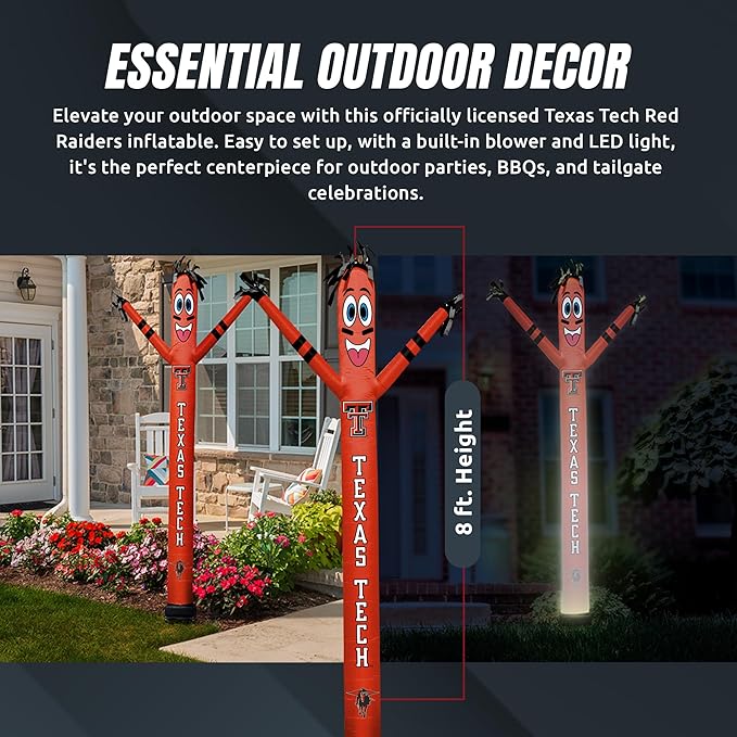 NCAA Texas Tech Red Raiders Football Wacky Waving Inflatable Tube Guy with LED Lights & Built-in Blower - 6" x 36" x 96" Inflatable Tube Man Crazy Sports Fan Outdoor Party Decoration