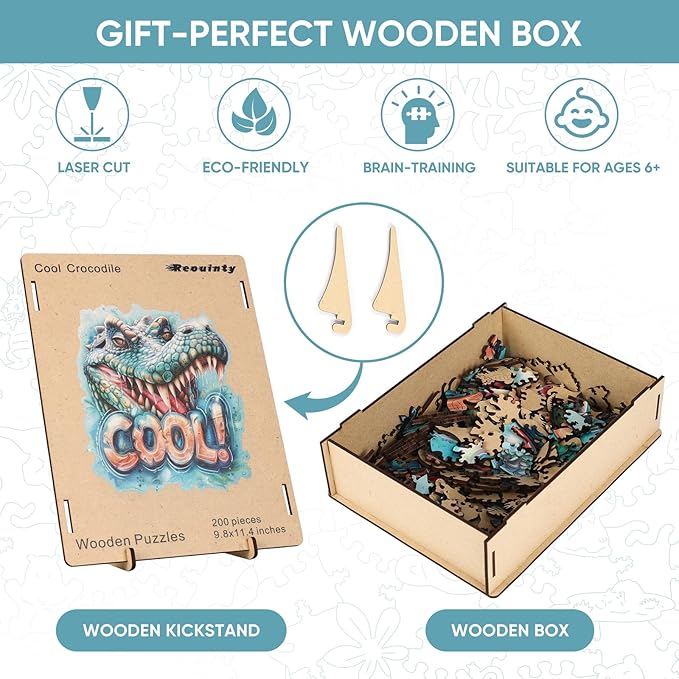 Wooden Puzzles for Adults, Cool Crocodile Jigsaw Puzzles 200 Pieces Animal Unique Shaped Wood Cut Puzzle Gifts for Adults and Kids, Family Puzzle Games