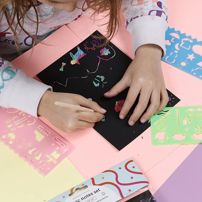 Incraftables Rainbow Scratch Paper Set. Magic Notes Kit with 30pcs Black Scratch Art Paper, 5pcs Wooden Stylus & 4pcs Drawing Stencils. Best Rainbow Notebooks for Kids Drawing & Craft