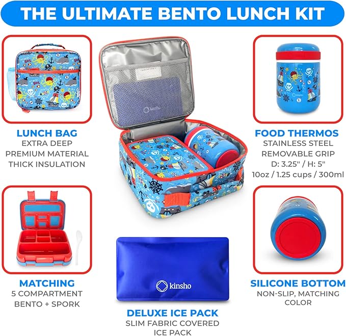 Bento Box with Thermo and Insulated Lunch Bag Set for Kids Boys Toddlers, 5 Compartment Lunch-box with Ice Pack and Utensil, For Hot and Cold Food, Soup, Blue Pirates
