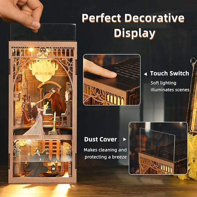 DIY Book Nook Kit for Adults, 3D Wooden Puzzle Bookend Bookshelf Insert Decor with LED Light and Dust Cover (Phantom of The Opera)