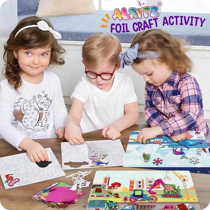 Alritz Arts and Crafts,Foil Crafts Fun Kit, Art Kit Toys for Kids Animals Space Cars, Foil Stickers Supplies,Travel Toys DIY Christmas Gifts for Girls Boys 4 5 6 7 8 9 10 11+ Years Old (12 Theme)