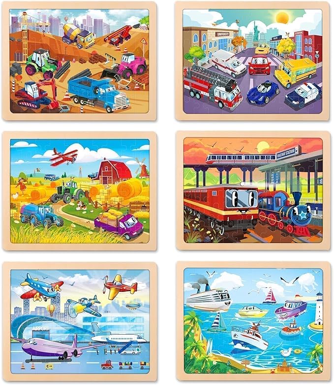 Wooden Vehicle Puzzles for Kids Ages 4-6,6 Pack 60Pcs Jigsaw Wooden Car Puzzles for Toddlers 3-5,Preschool Educational Toys Gifts for Children Ages 4-8,Kids Learning Toys for 4+ Year Boys Girls