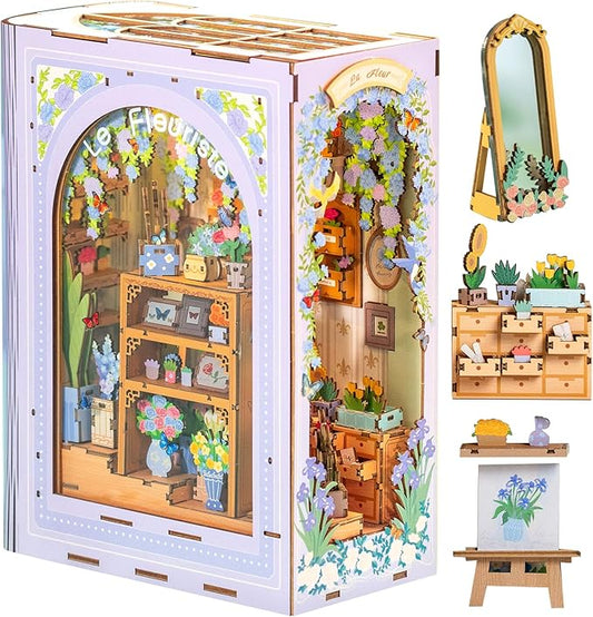 MOMIBOOK Book Nook Kit, 440 PCS DIY Miniature Dollhouse Kit for Adults, 3D Wooden Mini Puzzle Booknook Bookend Bookshelf Decor, Tiny House Model, Christmas Birthday Gifts, Fragrance Florist