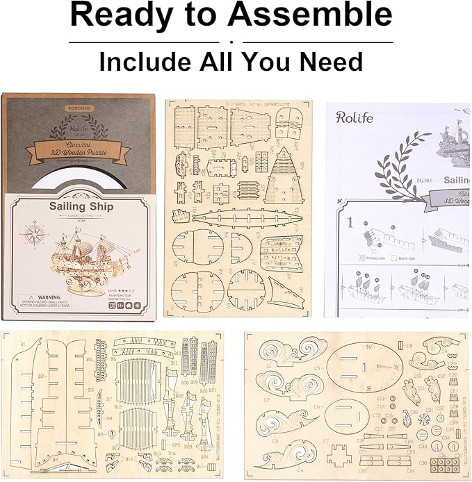 Rolife 3D Wooden Puzzles Model Kit for Adults to Build, Wooden Model Ship Series Sailing Ship Building Model Kit, DIY Crafts Hobbies/Collections/Decorations/Gifts for Friends and Family (Sailing Ship)