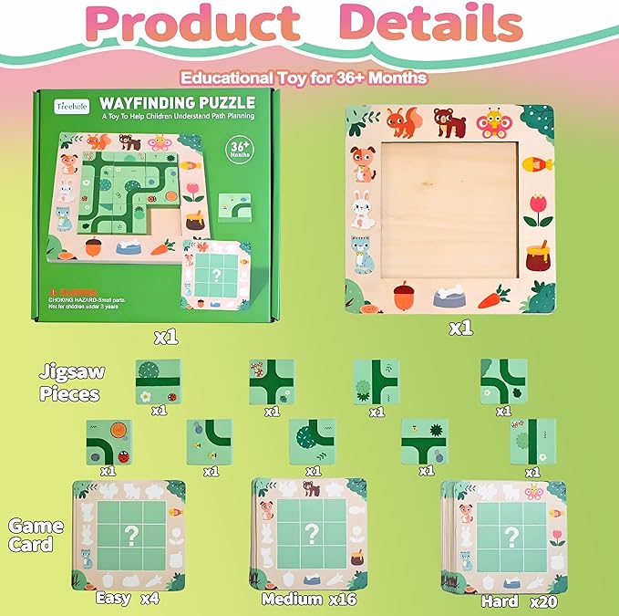 Logic Puzzle Game for Kids Ages 3+, Contnovin Animal Feeding Adventure Board Game, Montessori Toys with Path Tiles & Cards, STEM Learning Travel Gift for Boys & Girls