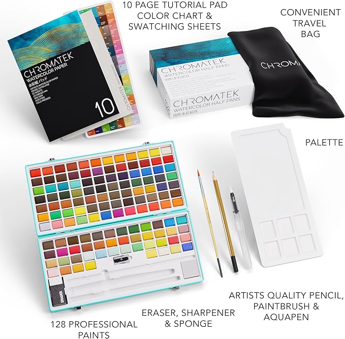 CHROMATEK Watercolor Paint Set β 128 Vibrant Colors for Artists & Beginners with Palette β Includes Metallic, Fluorescent, Pastel & Opaque Shades, Brushes, Pad, Swatch Sheets & Travel Case