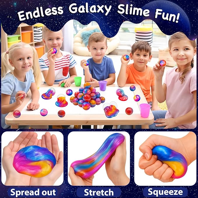 24 Pack Slime Party Favors, Galaxy Slime Balls Soft DIY Toys Stretchy and Non-Sticky Stress Relief Crystal Clay Safe Toys for Kids Girls Boy Classroom Birthday Halloween Christmas Party Favors Gifts