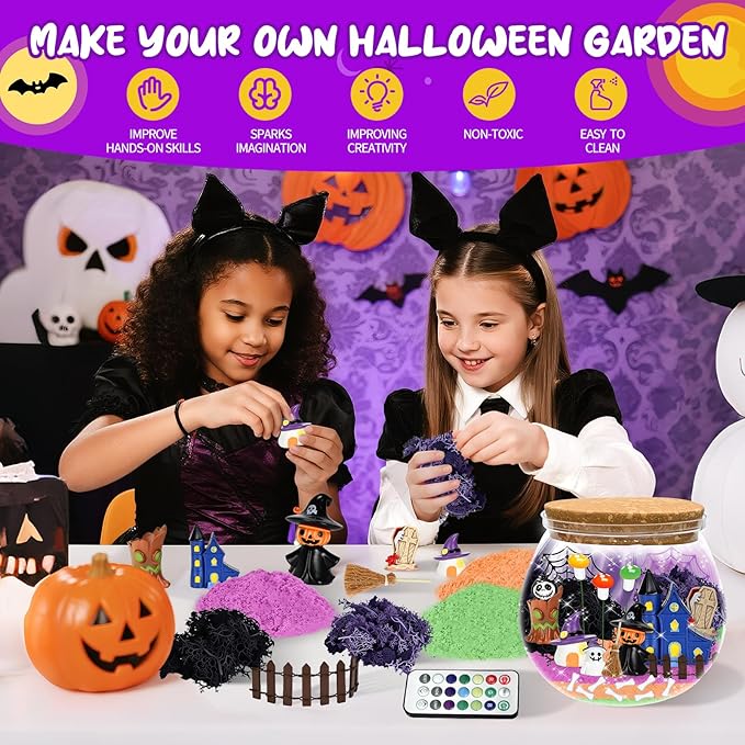 Halloween Terrarium Crafts Kit for Kids, LED Night Light-Up Toys with Remote, Halloween Party Decor DIY Craft Kit for Ages 4 5 6 7 8-12 Year Old Boys Girls – Creative Arts & Crafts Activity Gift Set