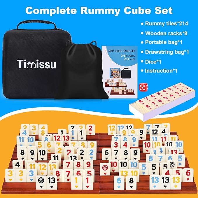 Rummy Cube 6-8 Players with 8 Wooden Racks 214 Large Number Rummy Tiles Travel Size Rummy Cube Game with Case 8 Players Travel Game Set for Fun Family Board Games