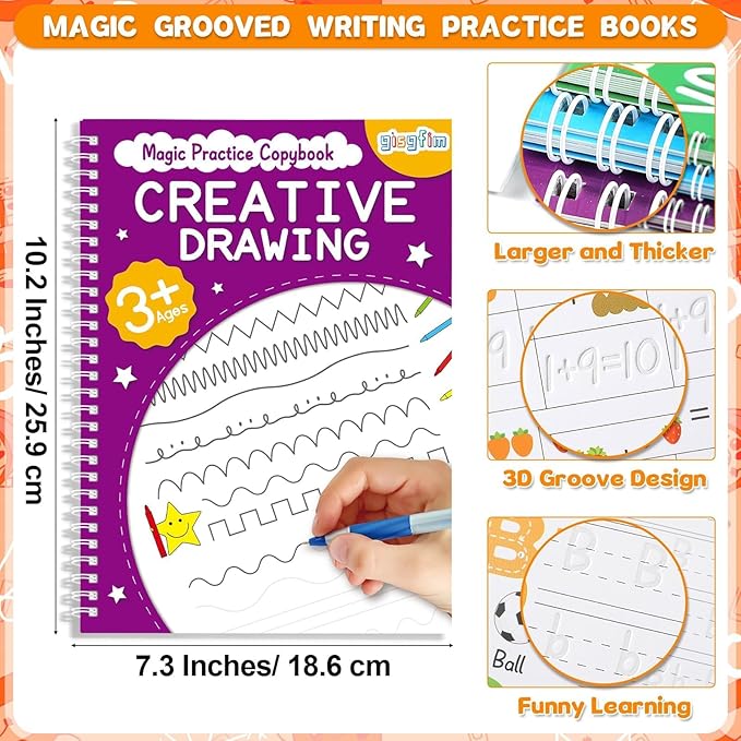 gisgfim 8 Pack Magic Grooved Writing Practice Books for Kids Reusable Magical Handwriting Workbooks with Disappearing Ink Pens Pencil Grips Letter Tracing Copybook for Kindergarten Preschool Age 3-8