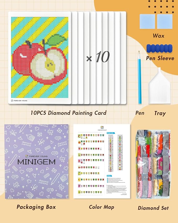 forever young Minigem Diamond Painting Kits Mini Diamond Art Kits, 10Pcs Small Diamond Art Kits for Adults 3-Hour Painting, Postcard-Style Resin Square Drill Diamond Painting Kits 5x7 Inch (Fruit)