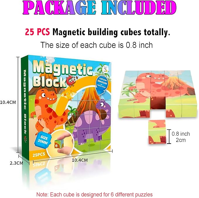 ritastar Magnetic Blocks Building Toy, 25pcs Mine Stacking Magnet Build Cubes Cartoon Pattern World,STEM Sensory Construction Toys for Kids Gift,Educational Jigsaw Puzzle Set with 3D Dinosaur Designs
