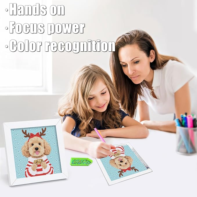 geesfayan Diamond Art Kits for Kids Ages 8-12,6 Inch DIY Gem Art Painting with 7 Inch Frame, Complete Starter Kit for Beginners, Creative Arts & Crafts Gift for Girls & Boys (Christmas Dog)