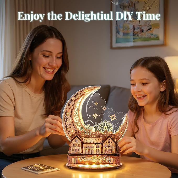 3D DIY Puzzle Moon City Model - LED 3D Wood Puzzle - 3D Wooden Puzzles for Adults Home Décor Gifts for Kids and Adults, White